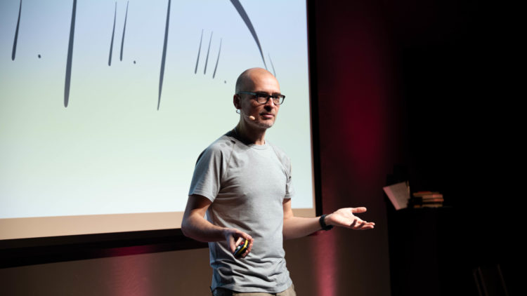 A photo of Matteo Cassese delivering his Masterclass on storytellin at Factory Berlin.