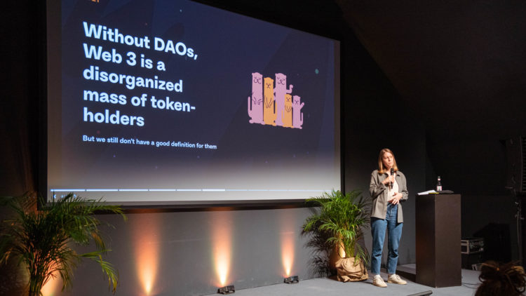 Emily Furlong, Co-founder of Otterspace, a DAO Tooling company,pitches at Factory Berlin's Womens Circle event, Women in Web3.